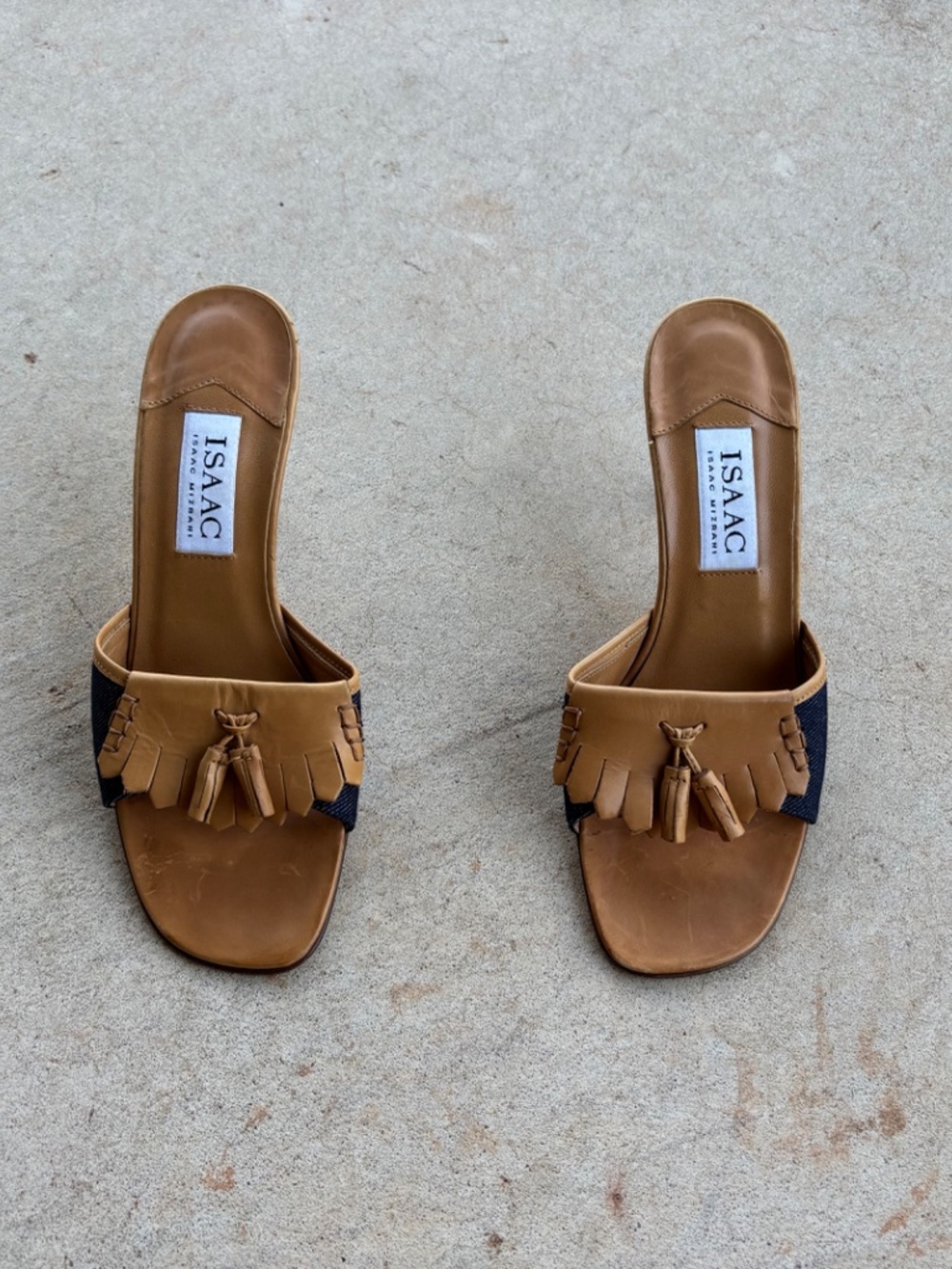 ISAAC MIZRAHI Genuine Leather Made in Italy Denim Heeled Open Toe Mule VICINI
